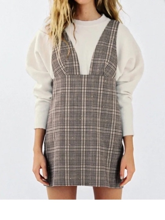 Zara Dresses & Skirts - Zara Plaid Pinafore Mini Dress Size S Deep V Sleeveless Jumper Side Zip Tweed